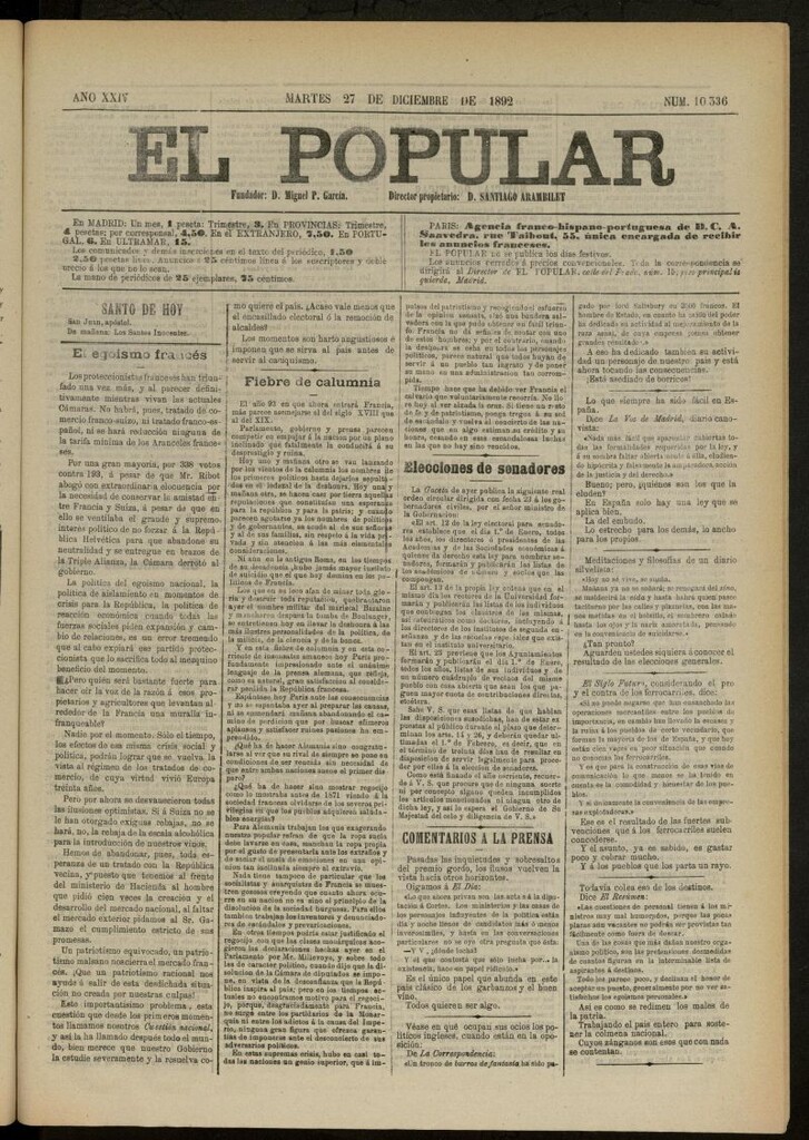 Miniatura de El Popular: diario independiente, político, literario y de noticias de interés general del 27 de diciembre de 1892, nº 10336 [sic]