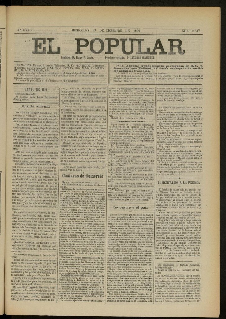 Miniatura de El Popular: diario independiente, político, literario y de noticias de interés general del 28 de diciembre de 1892, nº 10337