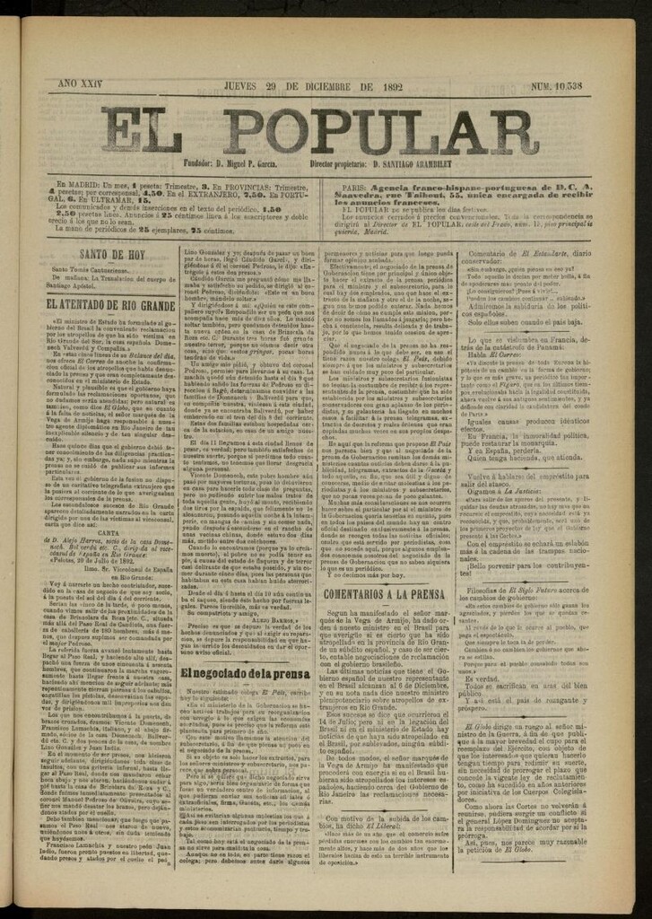 Miniatura de El Popular: diario independiente, político, literario y de noticias de interés general del 29 de diciembre de 1892, nº 10338