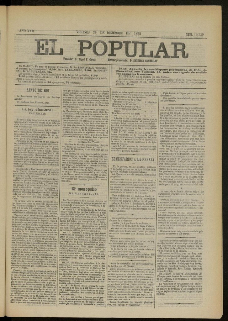 Miniatura de El Popular: diario independiente, político, literario y de noticias de interés general del 30 de diciembre de 1892, nº 10339