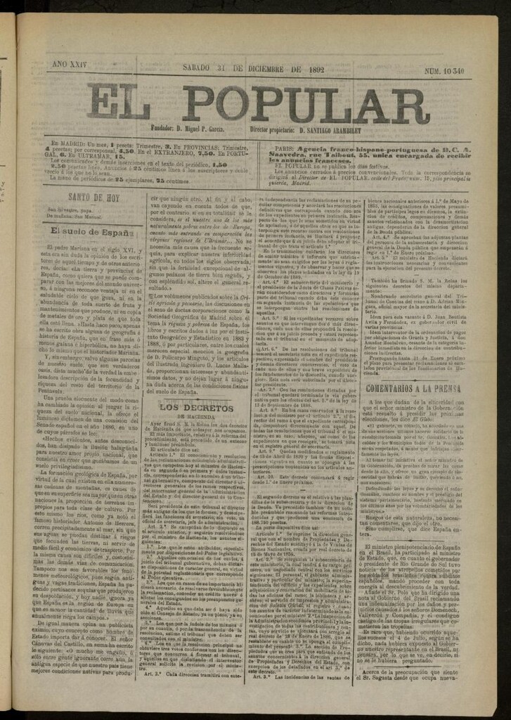 Miniatura de El Popular: diario independiente, político, literario y de noticias de interés general del 31 de diciembre de 1892, nº 10340