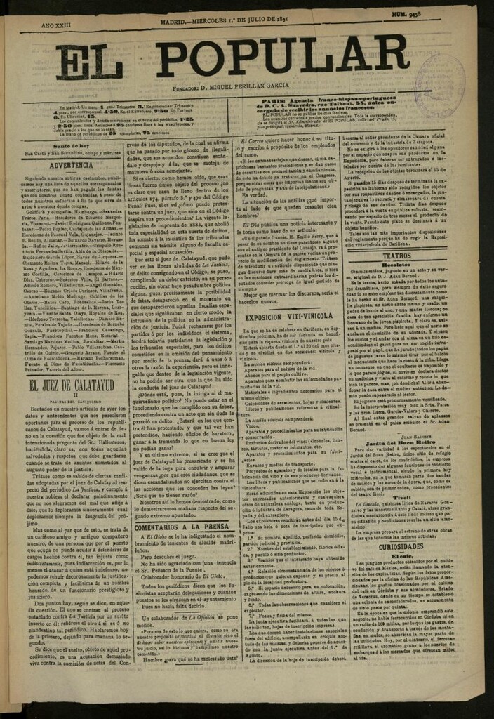 Miniatura de El Popular: diario independiente, político, literario y de noticias de interés general del 1 de julio de 1891, nº 9458