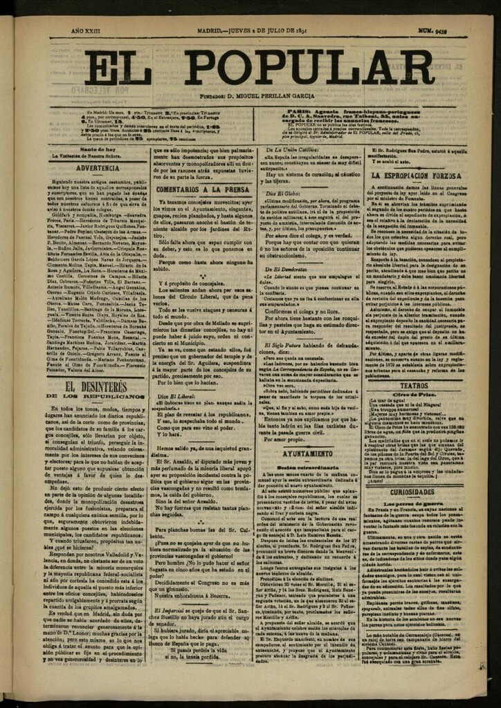 Miniatura de El Popular: diario independiente, político, literario y de noticias de interés general del 2 de julio de 1891, nº 9459