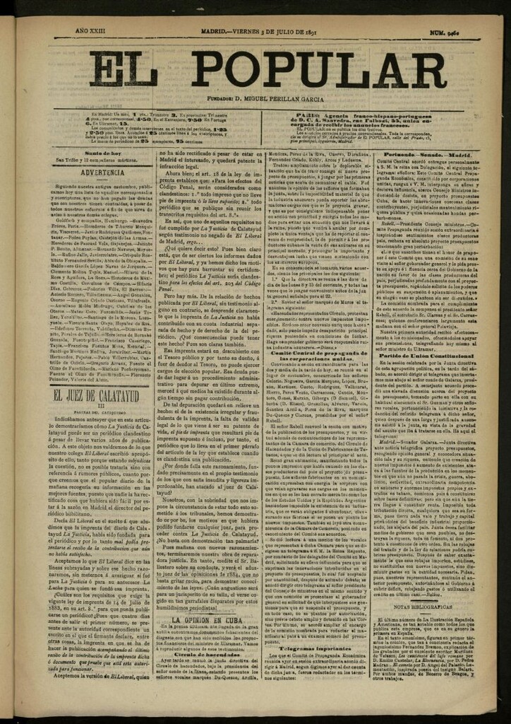 Miniatura de El Popular: diario independiente, político, literario y de noticias de interés general del 3 de julio de 1891, nº 9460