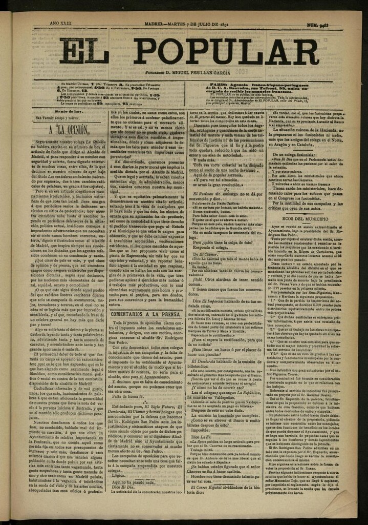 Miniatura de El Popular: diario independiente, político, literario y de noticias de interés general del 7 de julio de 1891, nº 9463