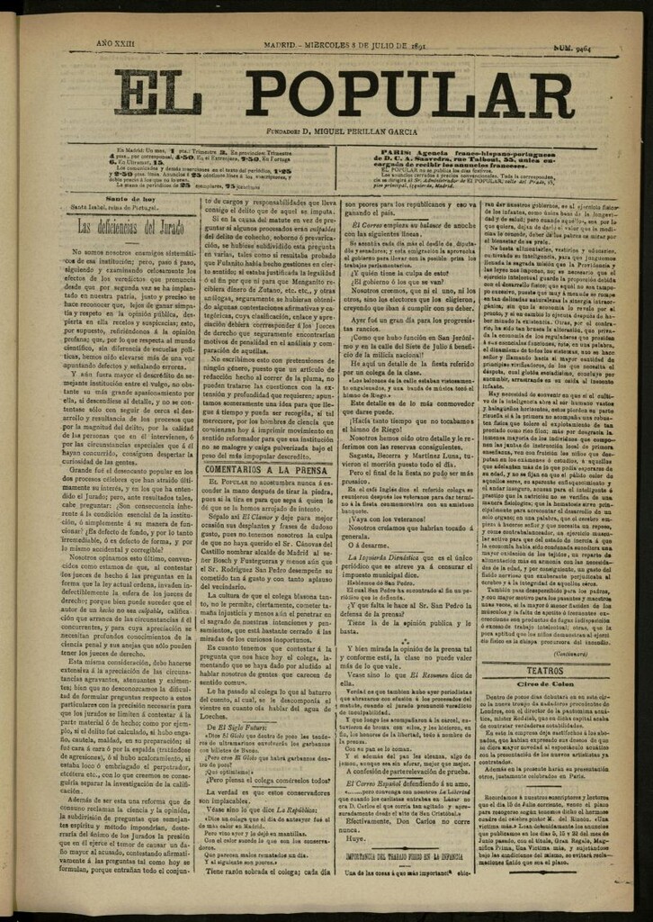 Miniatura de El Popular: diario independiente, político, literario y de noticias de interés general del 8 de julio de 1891, nº 9464