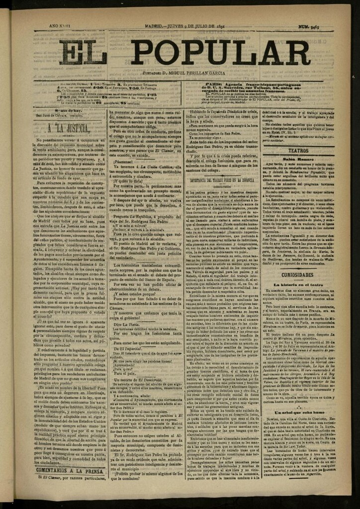 Miniatura de El Popular: diario independiente, político, literario y de noticias de interés general del 9 de julio de 1891, nº 9465