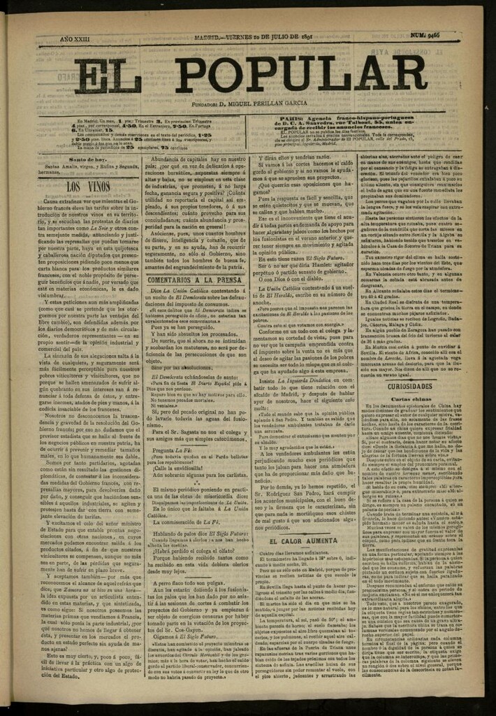 Miniatura de El Popular: diario independiente, político, literario y de noticias de interés general del 10 de julio de 1891, nº 9466