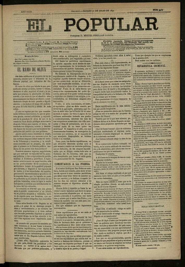 Miniatura de El Popular: diario independiente, político, literario y de noticias de interés general del 11 de julio de 1891, nº 9467