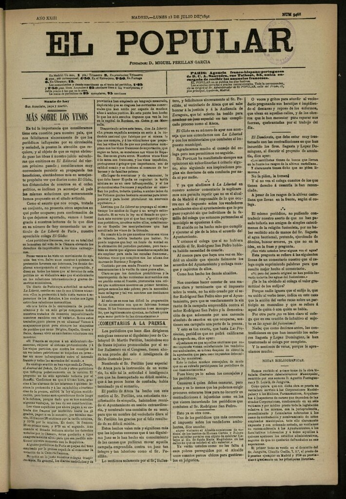 Miniatura de El Popular: diario independiente, político, literario y de noticias de interés general del 13 de julio de 1891, nº 9468