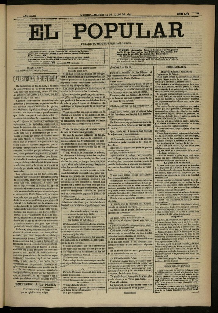 Miniatura de El Popular: diario independiente, político, literario y de noticias de interés general del 14 de julio de 1891, nº 9469