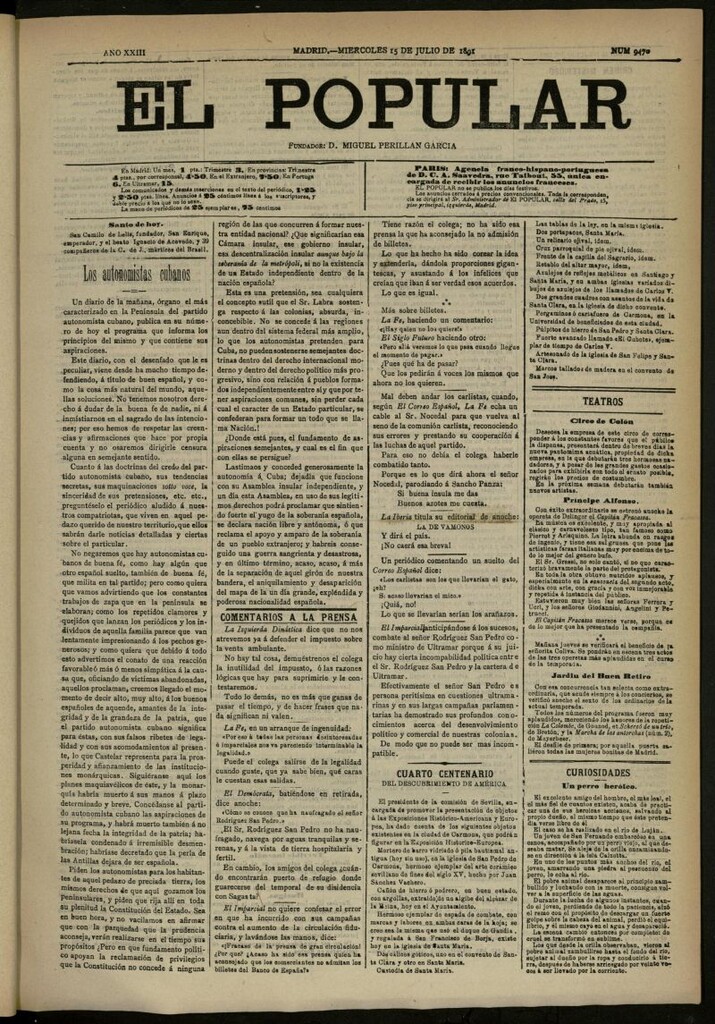 Miniatura de El Popular: diario independiente, político, literario y de noticias de interés general del 15 de julio de 1891, nº 9470