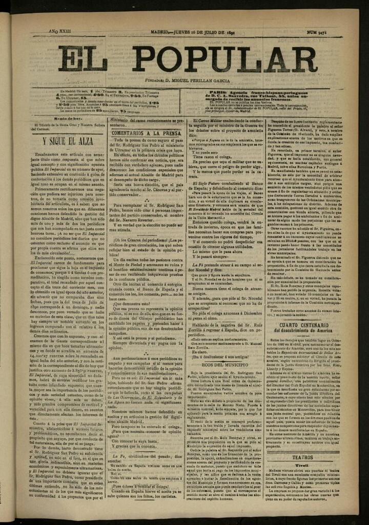 Miniatura de El Popular: diario independiente, político, literario y de noticias de interés general del 16 de julio de 1891, nº 9471