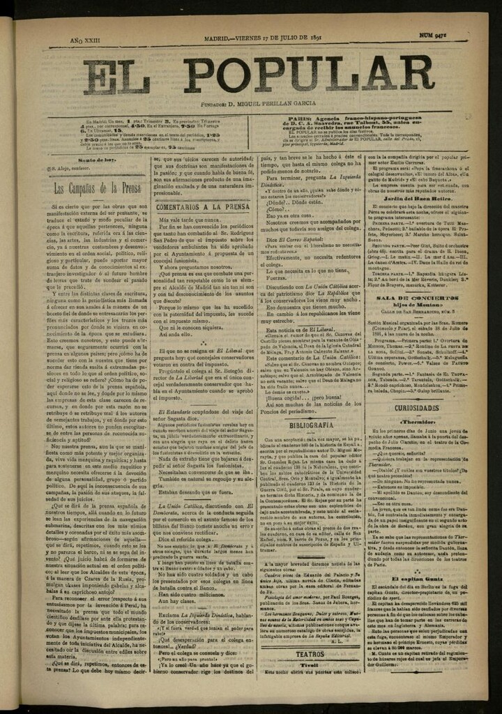 Miniatura de El Popular: diario independiente, político, literario y de noticias de interés general del 17 de julio de 1891, nº 9472