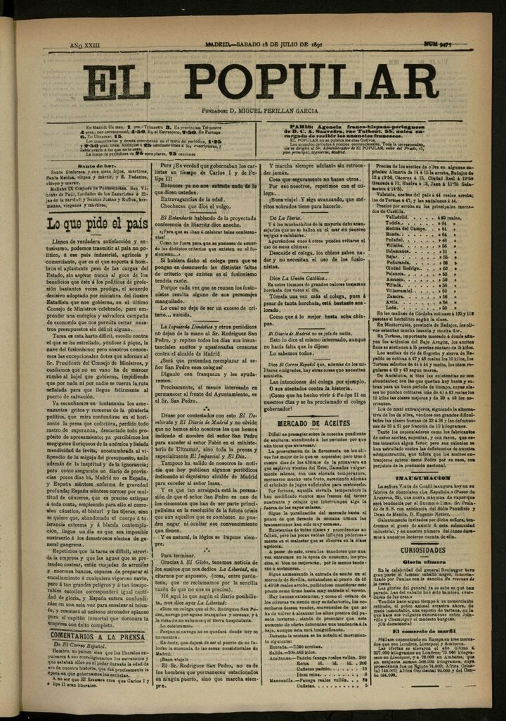 Miniatura de El Popular: diario independiente, político, literario y de noticias de interés general del 18 de julio de 1891, nº 9473