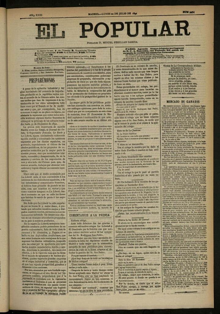 Miniatura de El Popular: diario independiente, político, literario y de noticias de interés general del 20 de julio de 1891, nº 9474