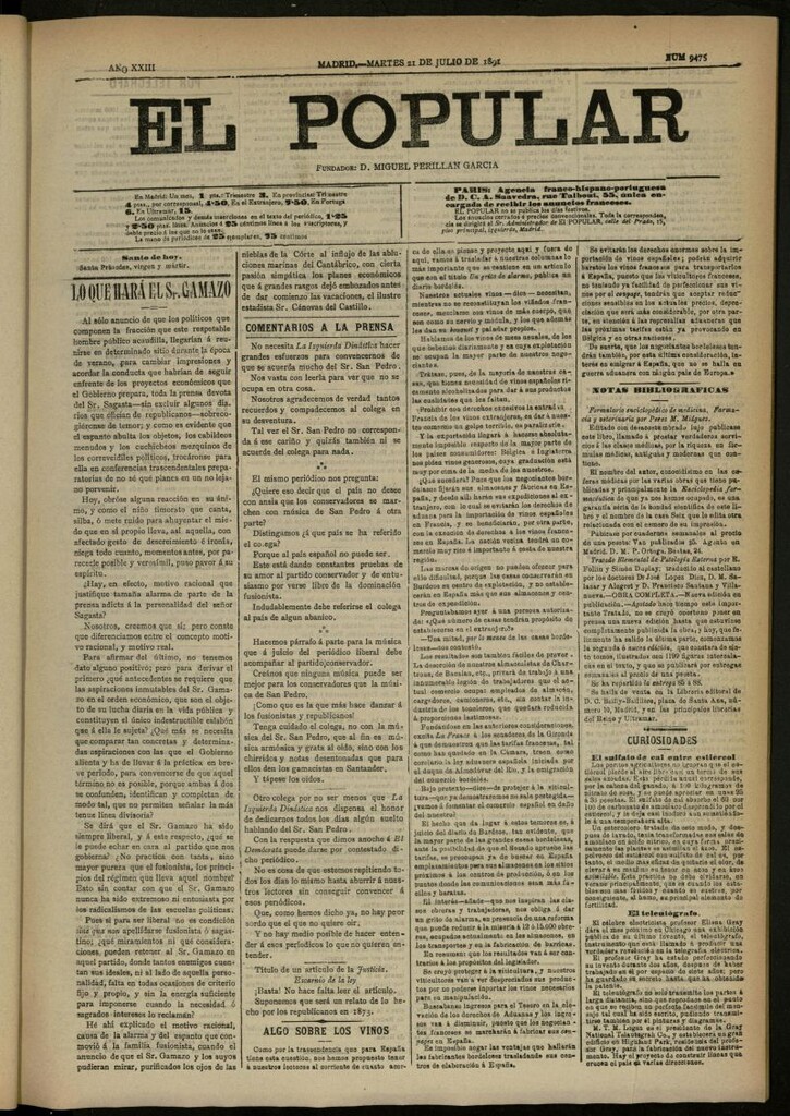 Miniatura de El Popular: diario independiente, político, literario y de noticias de interés general del 21 de julio de 1891, nº 9475