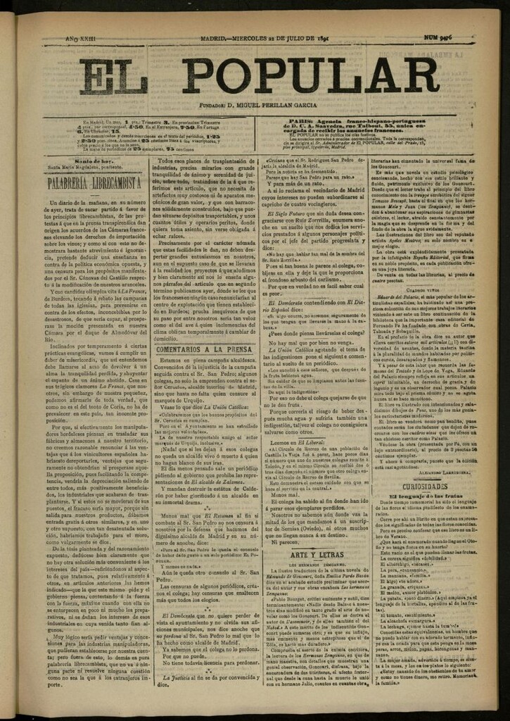Miniatura de El Popular: diario independiente, político, literario y de noticias de interés general del 22 de julio de 1891, nº 9476