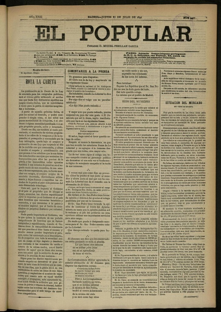 Miniatura de El Popular: diario independiente, político, literario y de noticias de interés general del 23 de julio de 1891, nº 9477