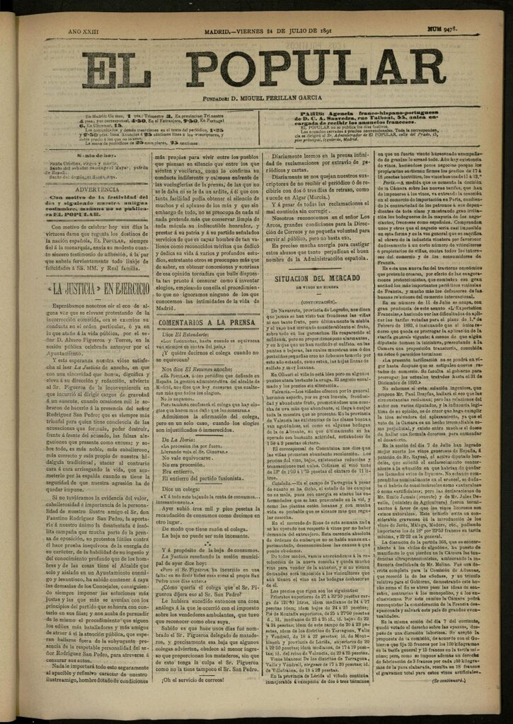 Miniatura de El Popular: diario independiente, político, literario y de noticias de interés general del 24 de julio de 1891, nº 9478