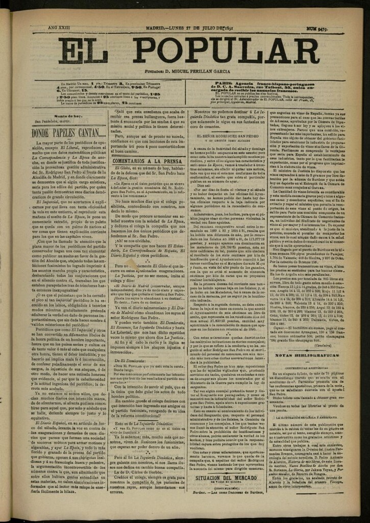 Miniatura de El Popular: diario independiente, político, literario y de noticias de interés general del 27 de julio de 1891, nº 9479
