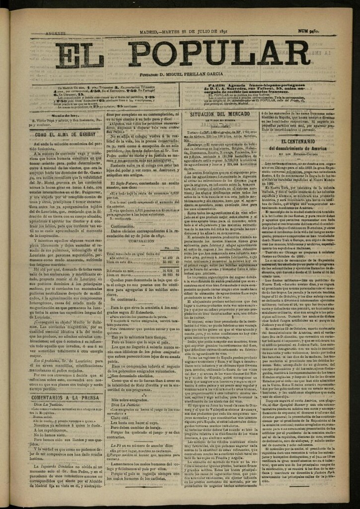 Miniatura de El Popular: diario independiente, político, literario y de noticias de interés general del 28 de julio de 1891, nº 9480