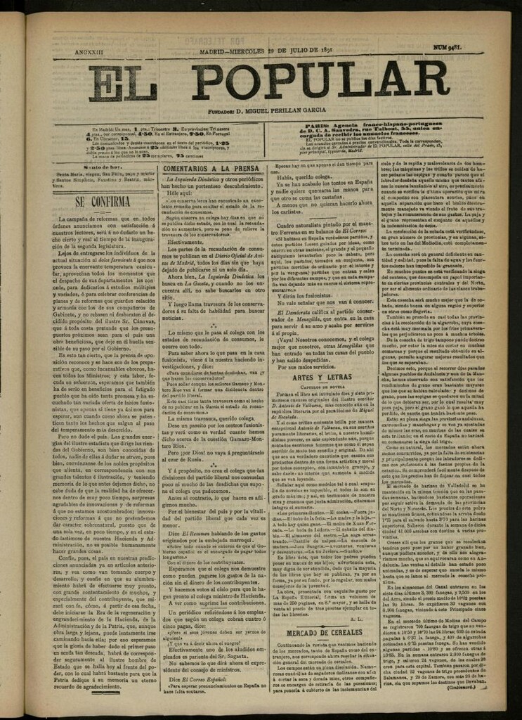 Miniatura de El Popular: diario independiente, político, literario y de noticias de interés general del 29 de julio de 1891, nº 9481