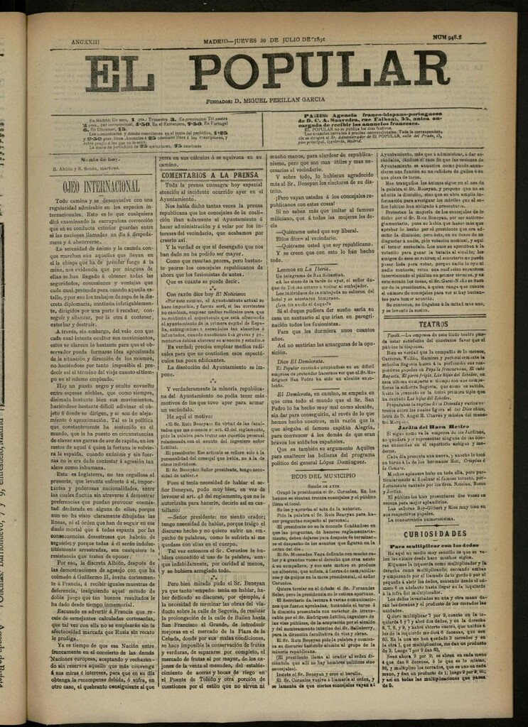 Miniatura de El Popular: diario independiente, político, literario y de noticias de interés general del 30 de julio de 1891, nº 9482