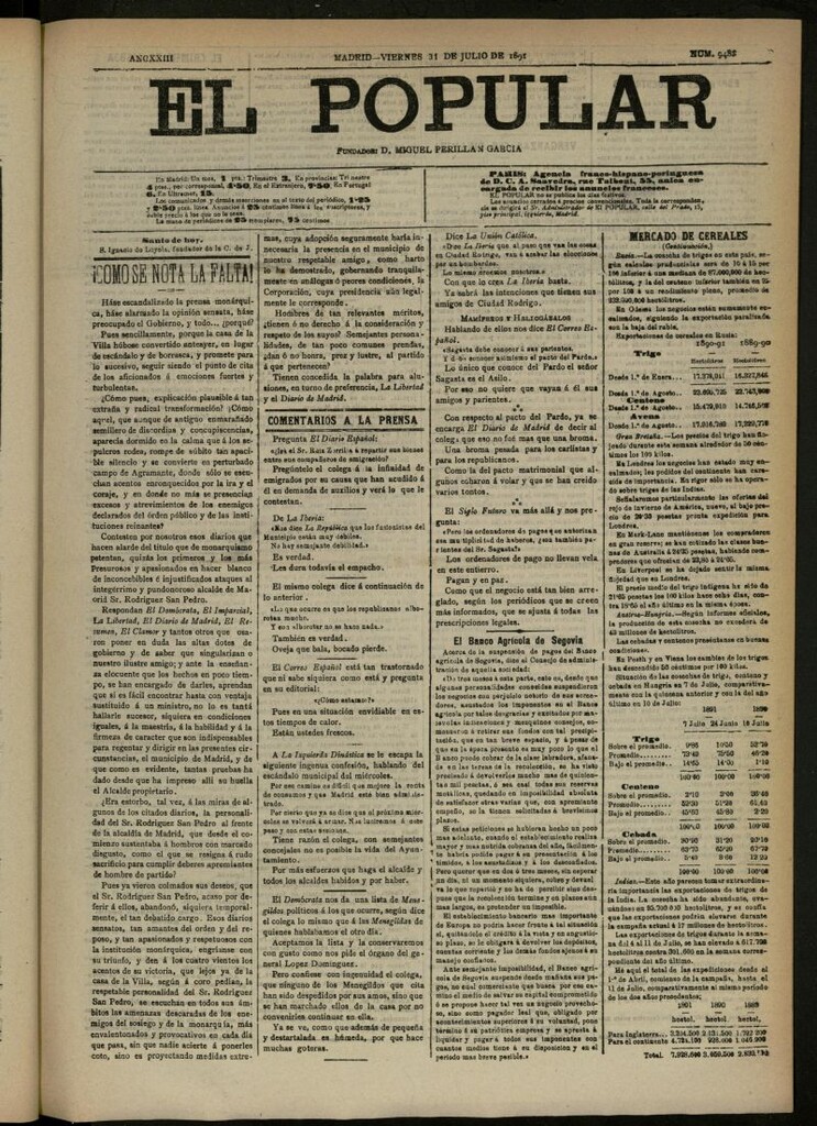 Miniatura de El Popular: diario independiente, político, literario y de noticias de interés general del 31 de julio de 1891, nº 9483