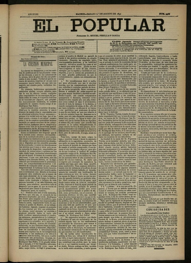 Miniatura de El Popular: diario independiente, político, literario y de noticias de interés general del 1 de agosto de 1891, nº 9484
