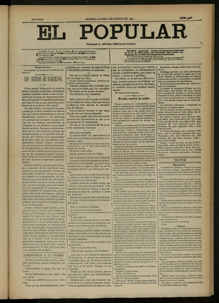 Miniatura de El Popular: diario independiente, político, literario y de noticias de interés general del 3 de agosto de 1891, nº 9485