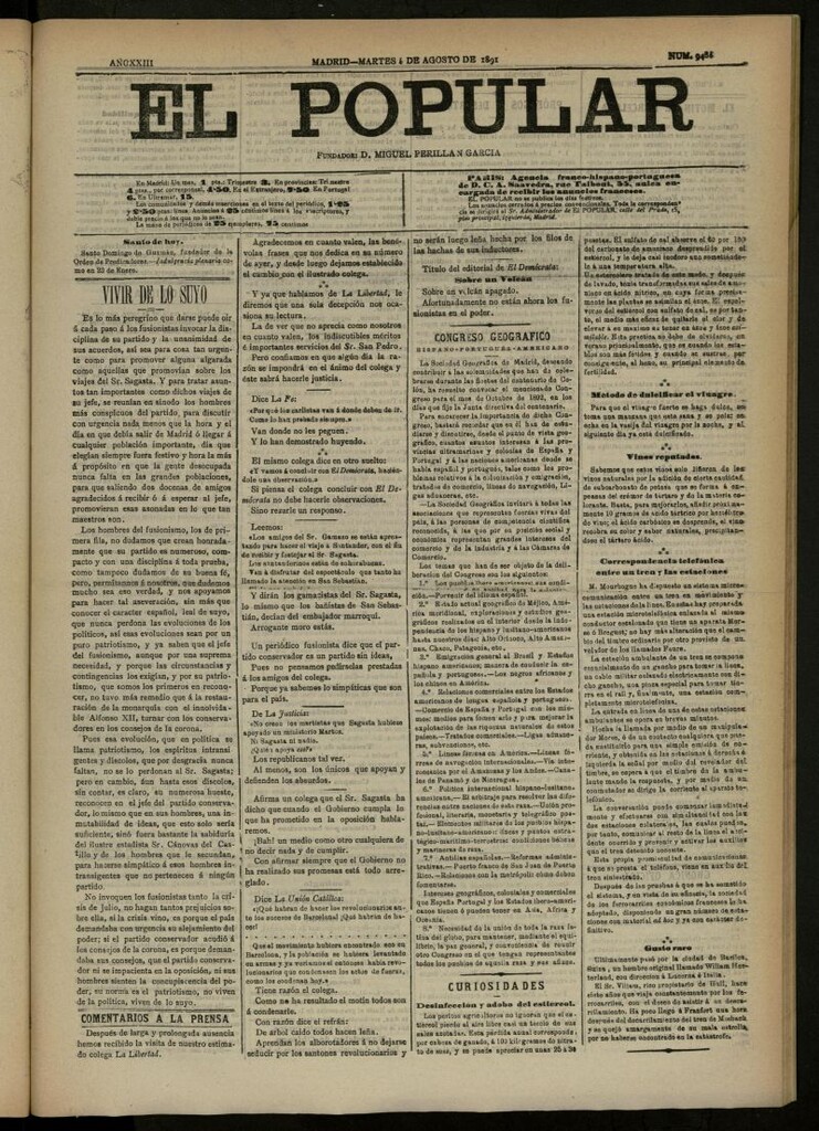 Miniatura de El Popular: diario independiente, político, literario y de noticias de interés general del 4 de agosto de 1891, nº 9486