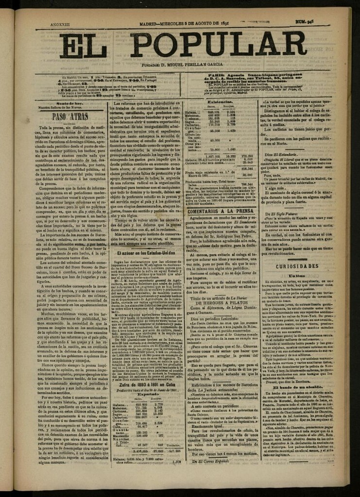 Miniatura de El Popular: diario independiente, político, literario y de noticias de interés general del 5 de agosto de 1891, nº 948 [sic]