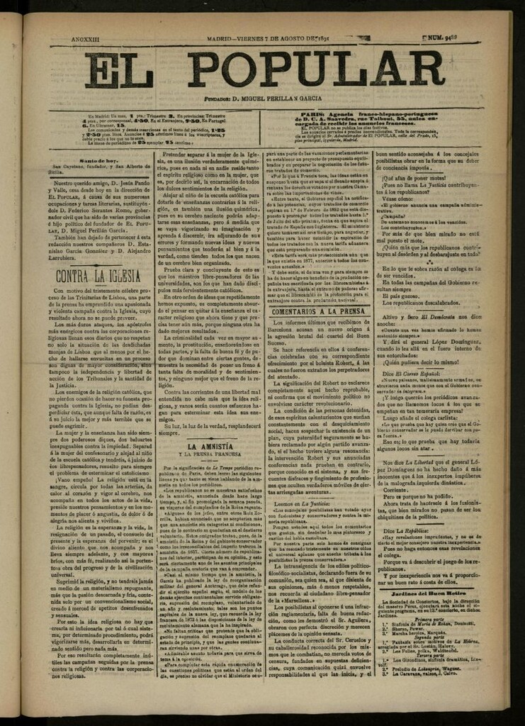 Miniatura de El Popular: diario independiente, político, literario y de noticias de interés general del 7 de agosto de 1891, nº 9489