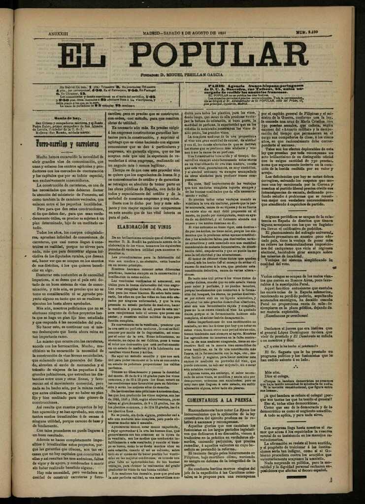Miniatura de El Popular: diario independiente, político, literario y de noticias de interés general del 8 de agosto de 1891, nº 9490