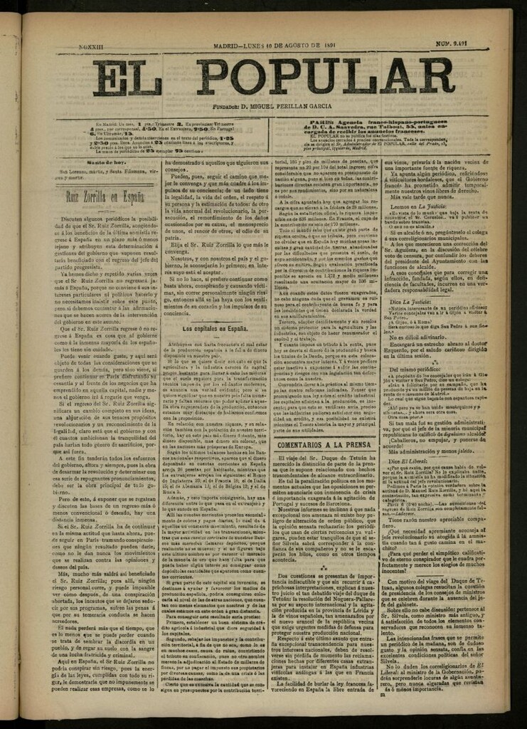 Miniatura de El Popular: diario independiente, político, literario y de noticias de interés general del 10 de agosto de 1891, nº 9491