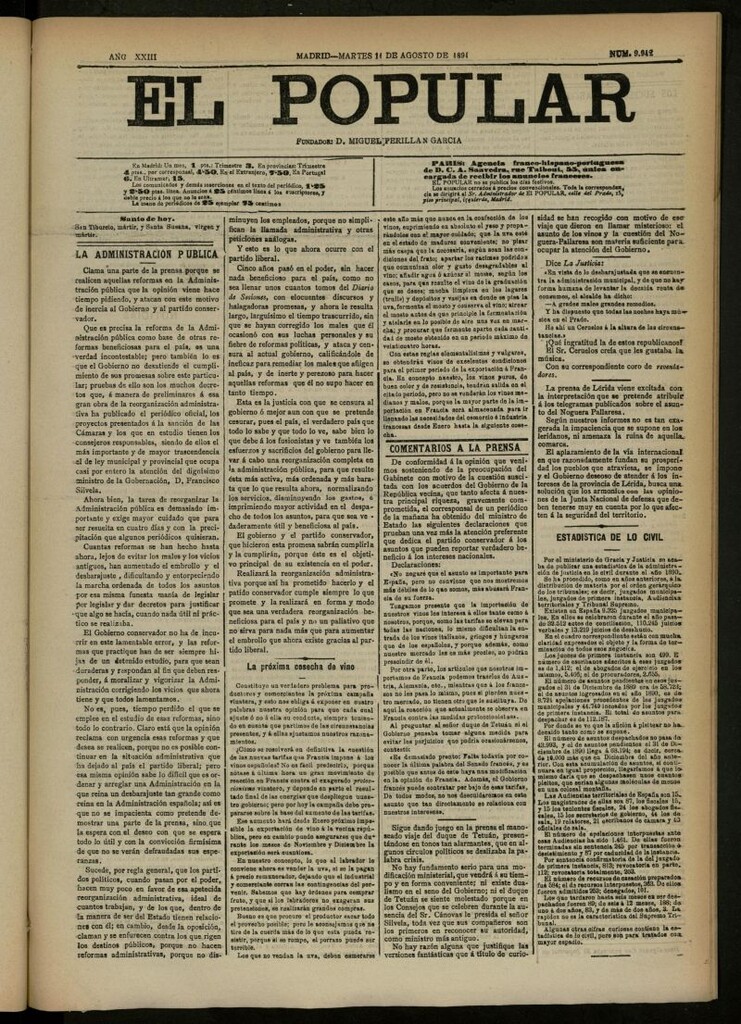 Miniatura de El Popular: diario independiente, político, literario y de noticias de interés general del 11 de agosto de 1891, nº 9942 [sic]