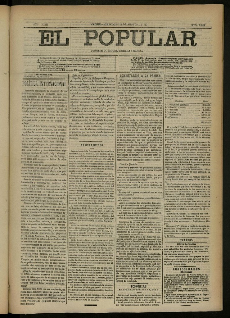 Miniatura de El Popular: diario independiente, político, literario y de noticias de interés general del 12 de agosto de 1891, nº 9943