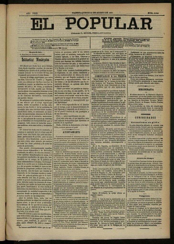 Miniatura de El Popular: diario independiente, político, literario y de noticias de interés general del 13 de agosto de 1891, nº 9944