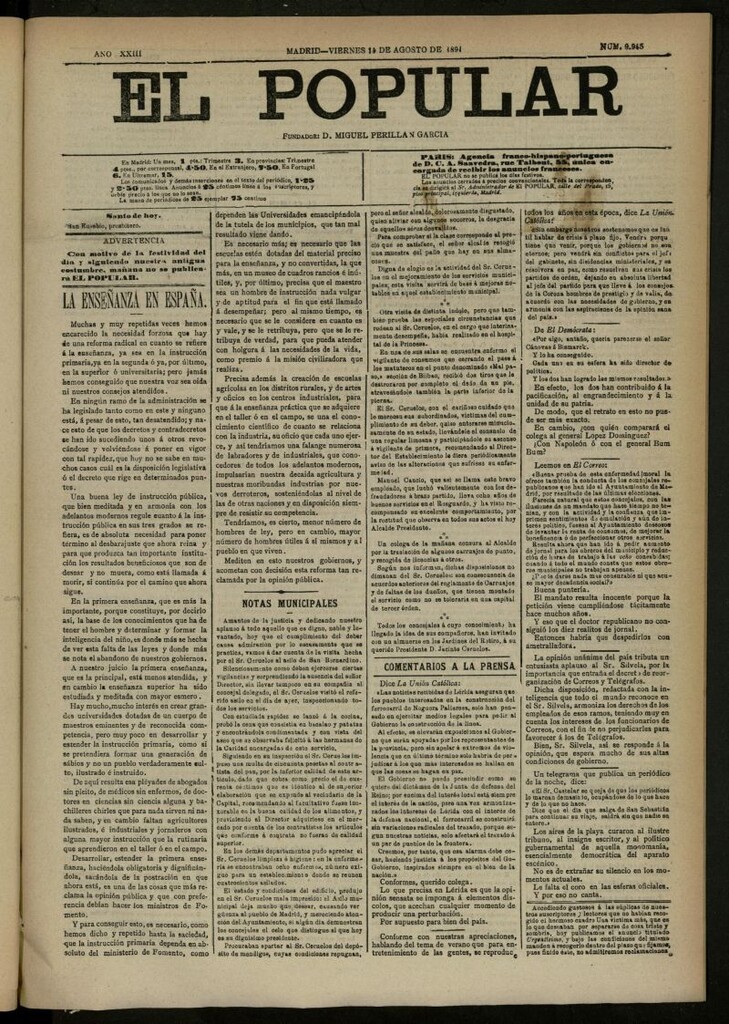 Miniatura de El Popular: diario independiente, político, literario y de noticias de interés general del 14 de agosto de 1891, nº 9945