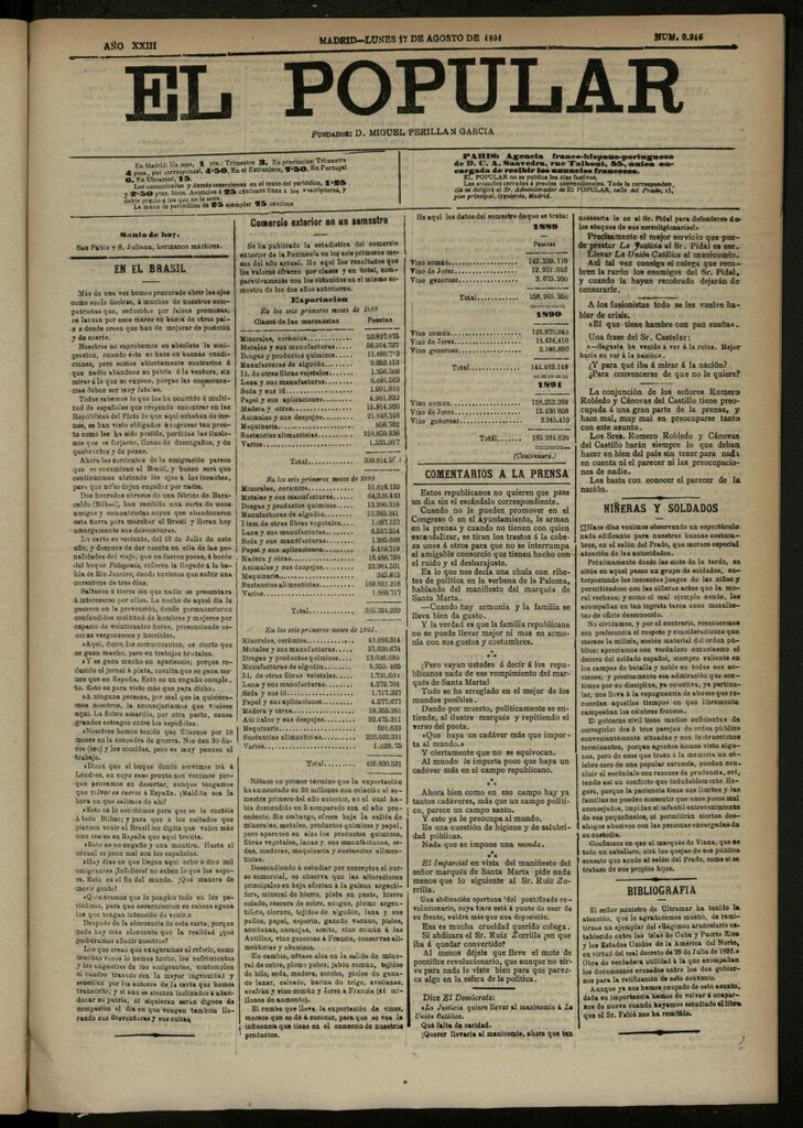 Miniatura de El Popular: diario independiente, político, literario y de noticias de interés general del 17 de agosto de 1891, nº 9946