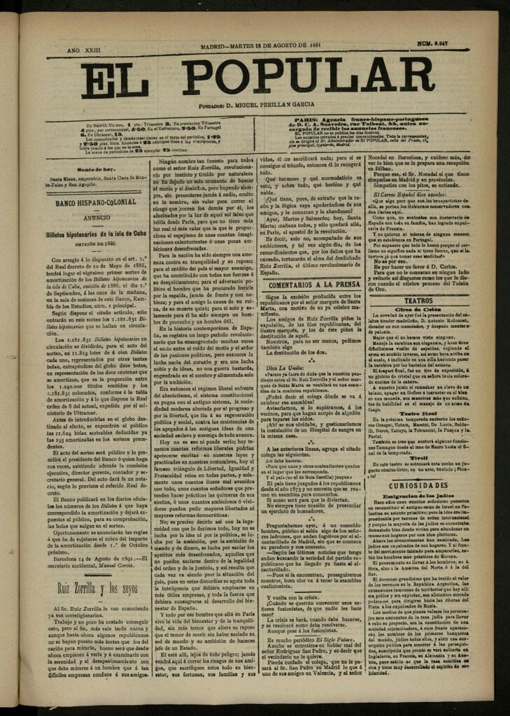 Miniatura de El Popular: diario independiente, político, literario y de noticias de interés general del 18 de agosto de 1891, nº 9947