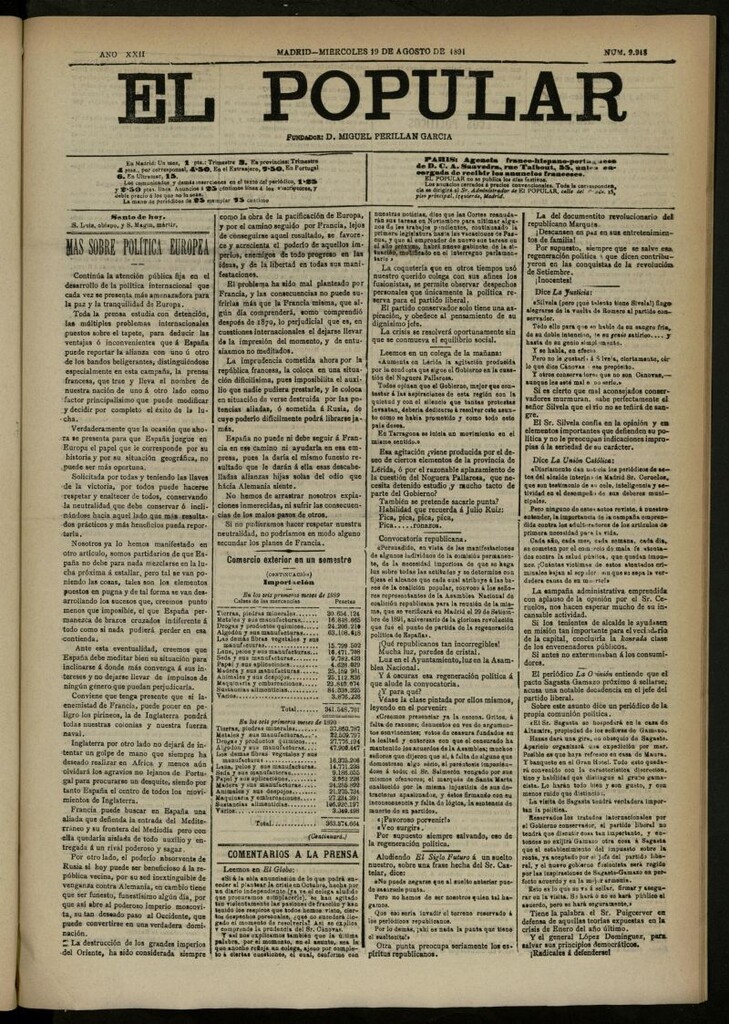Miniatura de El Popular: diario independiente, político, literario y de noticias de interés general del 19 de agosto de 1891, nº 9948