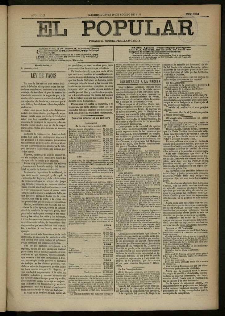 Miniatura de El Popular: diario independiente, político, literario y de noticias de interés general del 20 de agosto de 1891, nº 9949