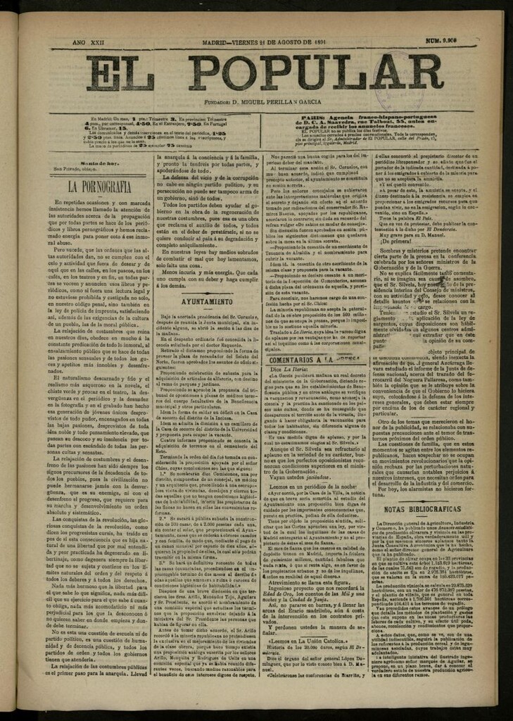 Miniatura de El Popular: diario independiente, político, literario y de noticias de interés general del 21 de agosto de 1891, nº 9950