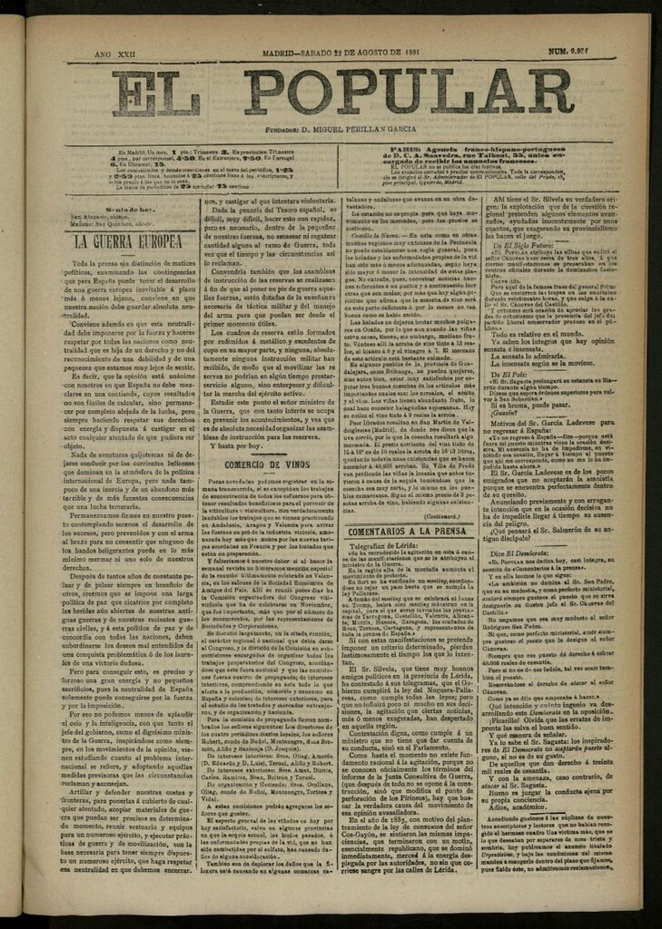 Miniatura de El Popular: diario independiente, político, literario y de noticias de interés general del 22 de agosto de 1891, nº 9951