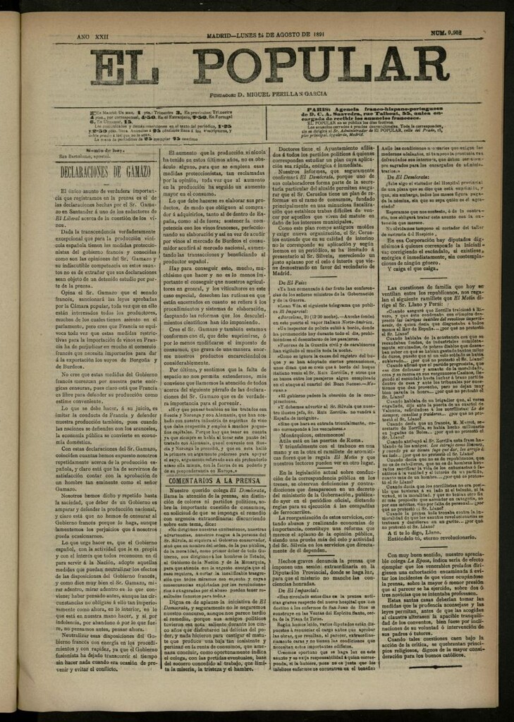 Miniatura de El Popular: diario independiente, político, literario y de noticias de interés general del 24 de agosto de 1891, nº 9952