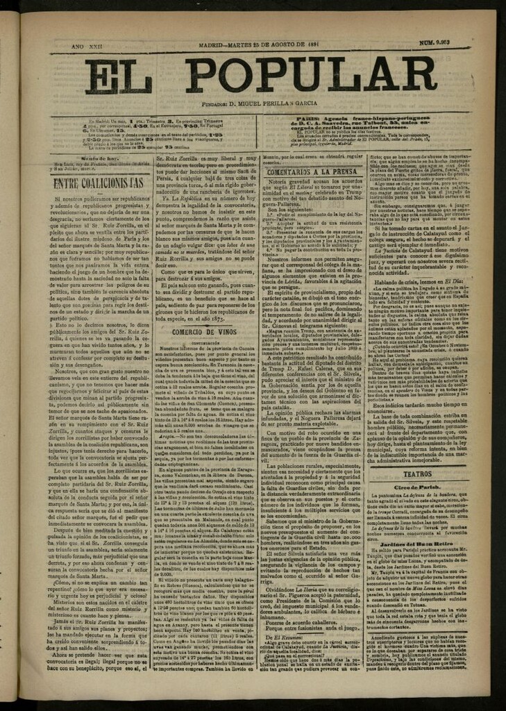 Miniatura de El Popular: diario independiente, político, literario y de noticias de interés general del 25 de agosto de 1891, nº 9953