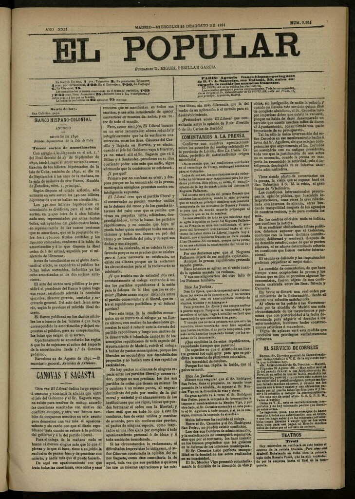 Miniatura de El Popular: diario independiente, político, literario y de noticias de interés general del 26 de agosto de 1891, nº 9954