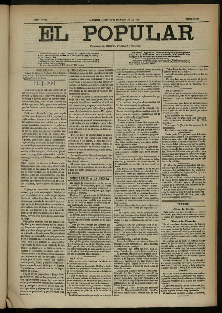 Miniatura de El Popular: diario independiente, político, literario y de noticias de interés general del 27 de agosto de 1891, nº 9955